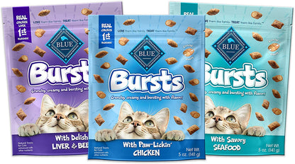 Bursts Crunchy Cat Treats Variety Pack, Chicken, Chicken Liver and Beef, and Seafood 5-Oz Bags (3 Count)