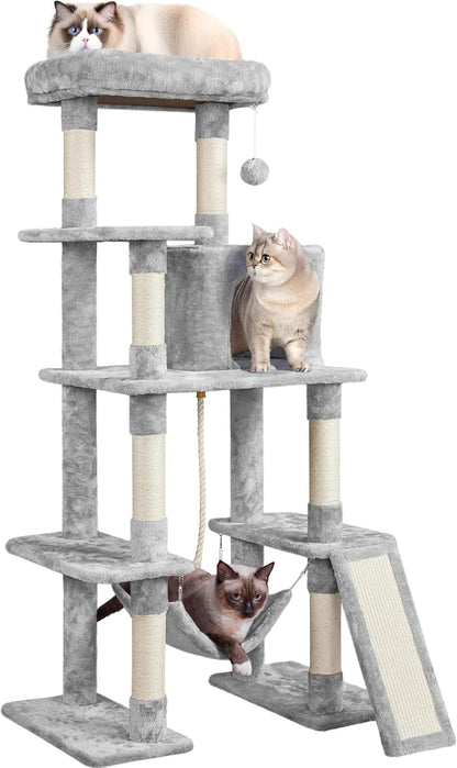 Large Multi-Level Cat Tree, 63 Inches Tall with Sisal-Covered Scratching Posts, Condo, Hammock, Dangling Ball, and Extended Platform for Cats to Play and Sleep