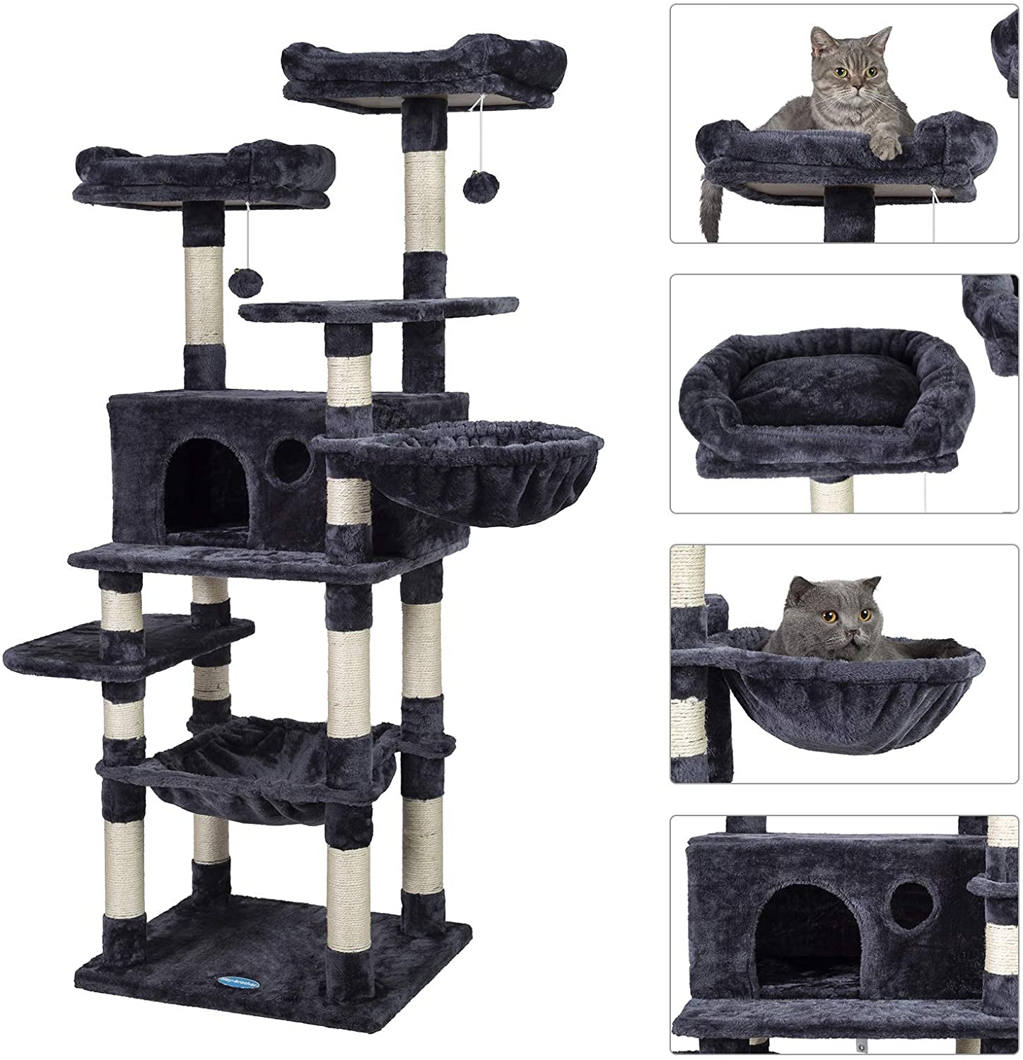 Cat Tree for Large Cats, Cat Tower with Scratching Posts, 2 Padded Plush Perches, Big Condo and Cozy Basket