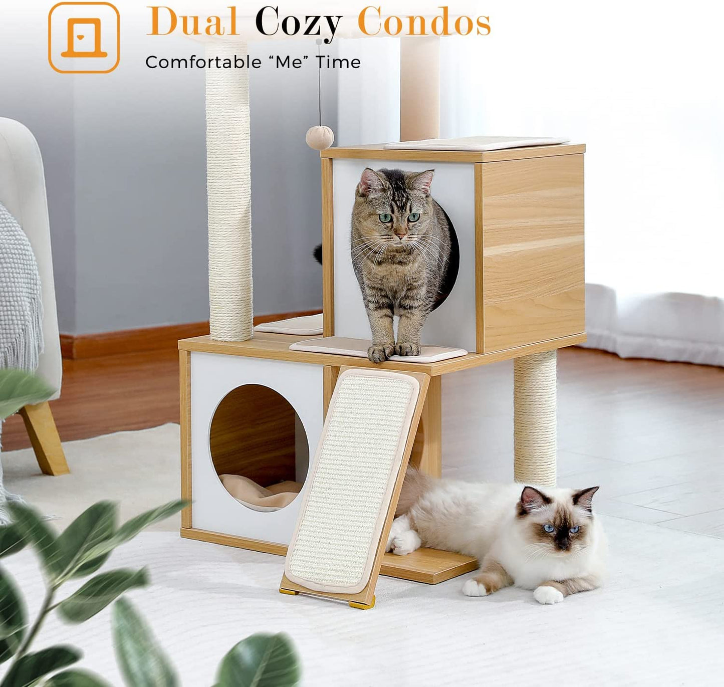 Cat Tree Wooden Cat Tower with Double Condos, Spacious Perch, Fully Wrapped Scratching Sisal Posts and Replaceable Dangling Balls