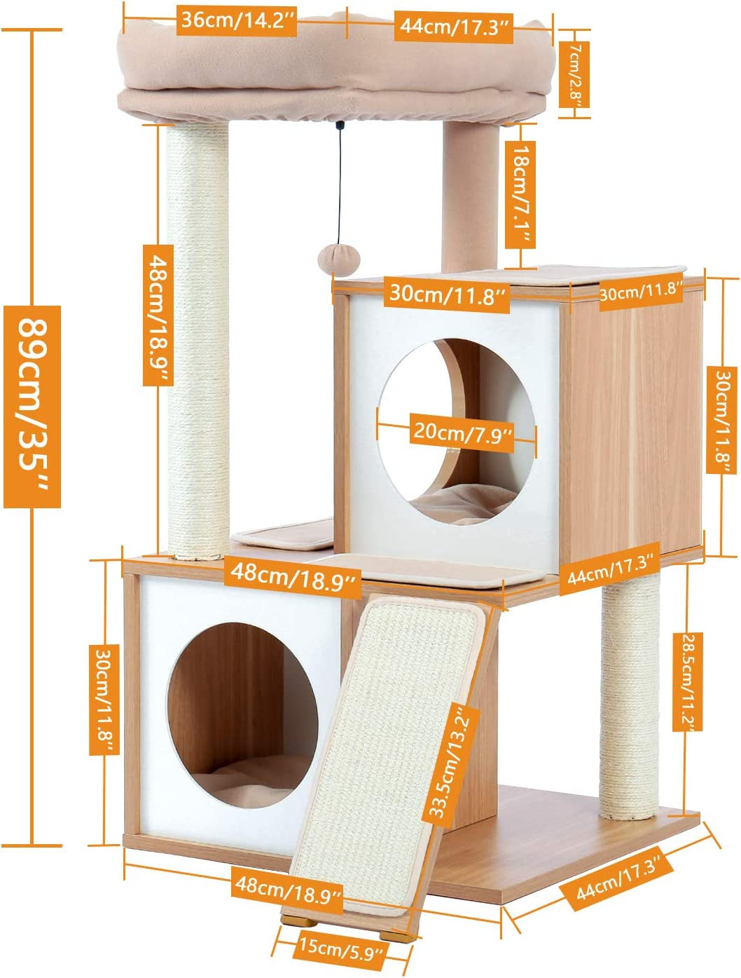 Cat Tree Wooden Cat Tower with Double Condos, Spacious Perch, Fully Wrapped Scratching Sisal Posts and Replaceable Dangling Balls