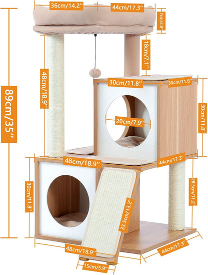 Cat Tree Wooden Cat Tower with Double Condos, Spacious Perch, Fully Wrapped Scratching Sisal Posts and Replaceable Dangling Balls