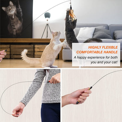 Feather Teaser Cat Toy, Interactive Feather Wand Cat Toy Flying Feather Cat Catcher with Extra Long 34.5" Wand and Small Bell, Fun Exerciser Playing Toy for Kitten or Cat