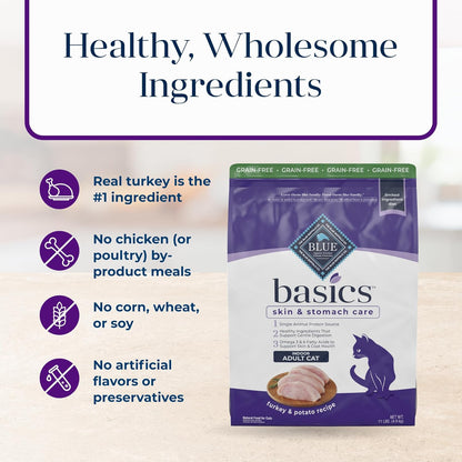 Basics Grain-Free Dry Cat Food, Skin & Stomach Care, Limited Ingredient Diet for Indoor Cats, Turkey & Potato Recipe