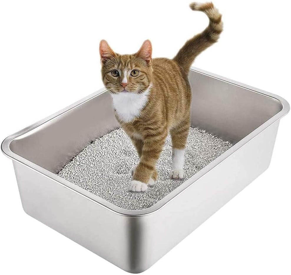 Stainless Steel Litter Box for Cats, Odor Control Litter Pan, Non Stick, Easy to Clean, Rust Proof and Non Slip Rubber Feet