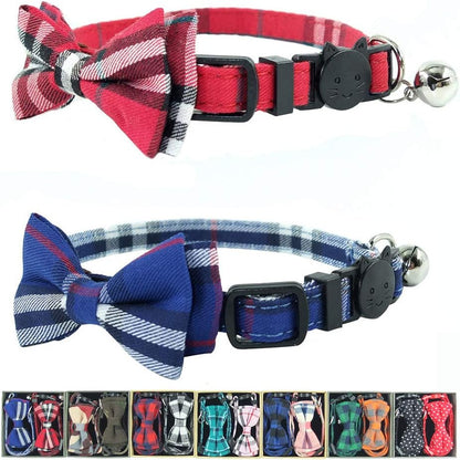 Cat Collar Breakaway with Bell and Bow Tie, Plaid Design Adjustable Safety Kitty Collars Set of 2 Pcs(6.8-10.8In) (Red&Blue Plaid)