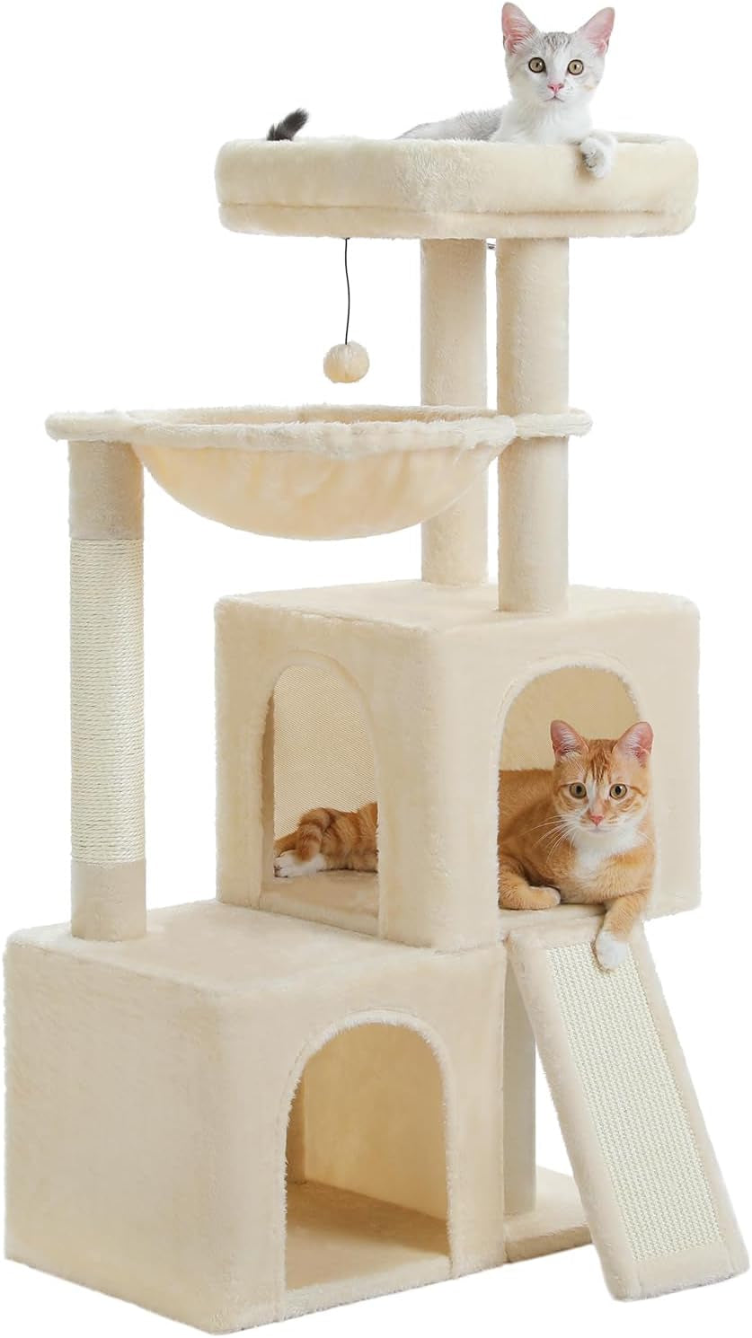 Cat Tree Multilevel Cat Tower with Double Condos, Spacious Perch, Fully Wrapped Scratching Sisal Post and Replaceable Dangling Balls