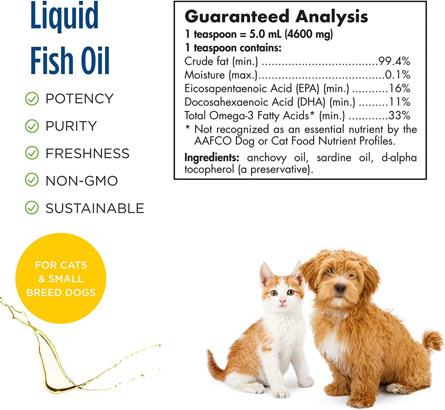 Omega-3 Pet, Unflavored - 2 Oz - 304 Mg Omega-3 per One Ml - Fish Oil for Small Dogs & Cats with EPA & DHA - Promotes Heart, Skin, Coat, & Immune Health