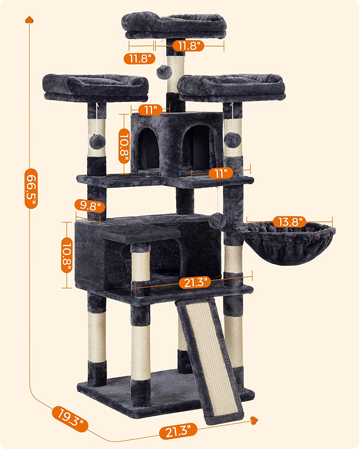 Cat Tree, Large Cat Tower, Cat Condo with Scratching Posts, Board, 2 Caves, 3 Plush Perches, Activity Center, 66.5 Inches