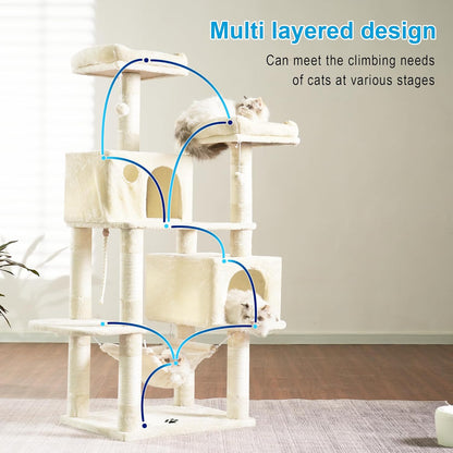 Large Multi-Level Cat Tree Condo Furniture with Sisal-Covered Scratching Posts, 2 Bigger Plush Condos, Perch Hammock for Kittens, Cats