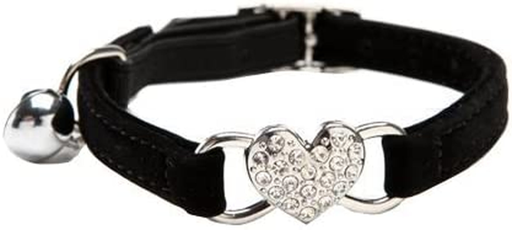 Soft Velvet Safe Cat Adjustable Collar with Crystal Heart Charm and Bells 8-11 Inches