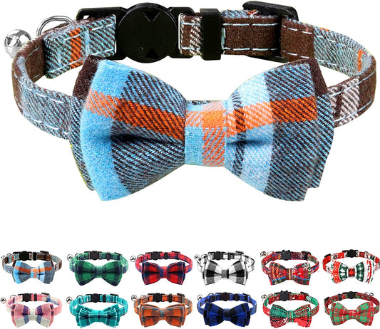 Upgraded Cat Collar with Bells, Breakaway Cat Collars with Bow Tie, 1 Pack Safety Plaid Kitten Collars