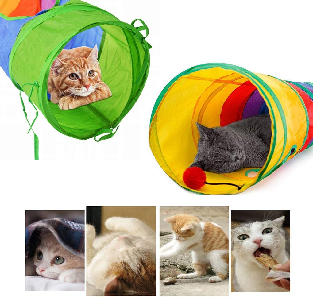 Cat Tunnel, Cat Tubes for Indoor Cats Collapsible Cat Play Toy for Puzzle Exercising Hiding Training and Running with a Red Fun Ball and 2 Holes (25&120Cm)