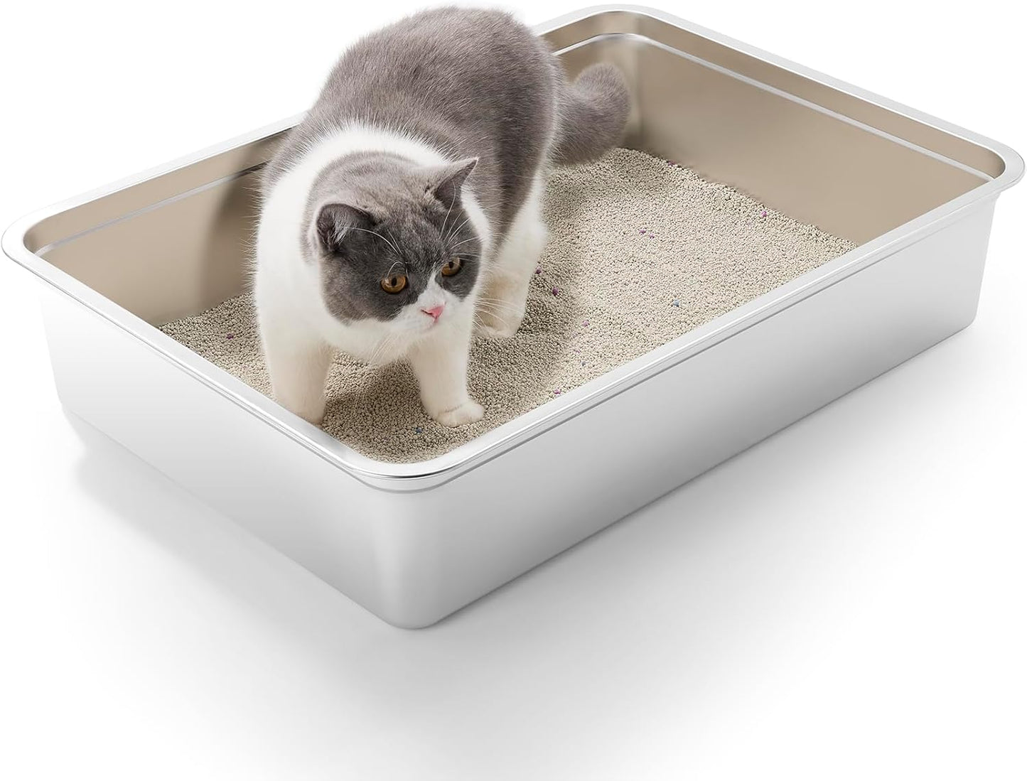 Stainless Steel Litter Box for Cats, Odor Control Litter Pan, Non Stick, Easy to Clean, Rust Proof and Non Slip Rubber Feet