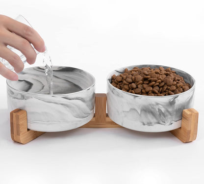 Cat Bowls, Ceramic Food and Water Bowls Set with Wood Stand