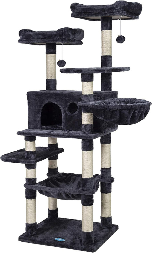 Cat Tree for Large Cats, Cat Tower with Scratching Posts, 2 Padded Plush Perches, Big Condo and Cozy Basket