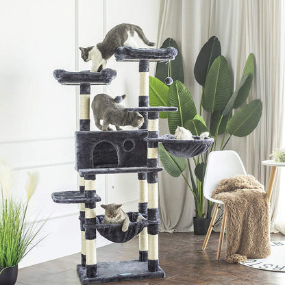 Cat Tree for Large Cats, Cat Tower with Scratching Posts, 2 Padded Plush Perches, Big Condo and Cozy Basket