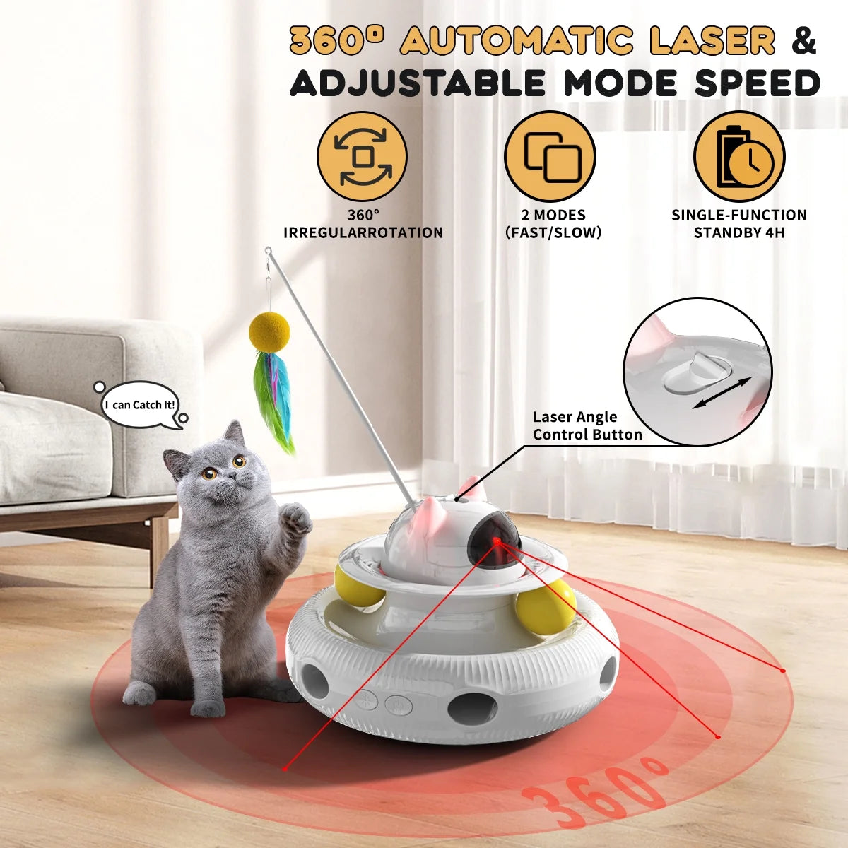 4 in 1 Interactive Cat Toys for Indoor Cats,Cat Laser Toys with 360°Rotation, Interactive Exercise Play Kitten Toy, Automatic Cat Wand Toys, Track Balls,Indoor Exercise Cat Kicker with USB Rechargeable