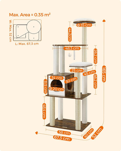 Woodywonders Cat Tree, 65-Inch Modern Cat Tower for Indoor Cats, Multi-Level Cat Condo with 5 Scratching Posts, Perch, Washable Removable Cushions, Cat Furniture