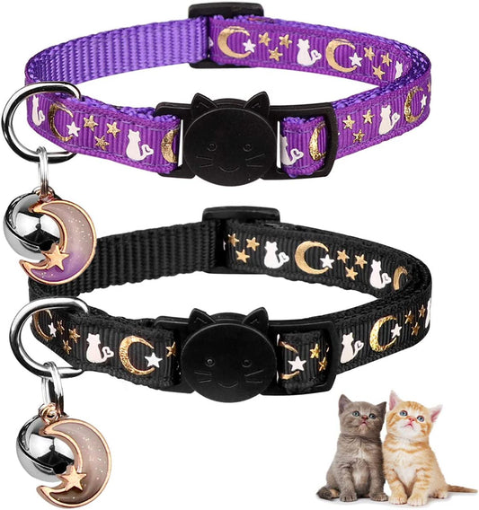 2PCS Glow in the Dark Breakaway Cat Collars with Bell Moons Stars Cute Kitty Adjustable Safe Kitten Collars 