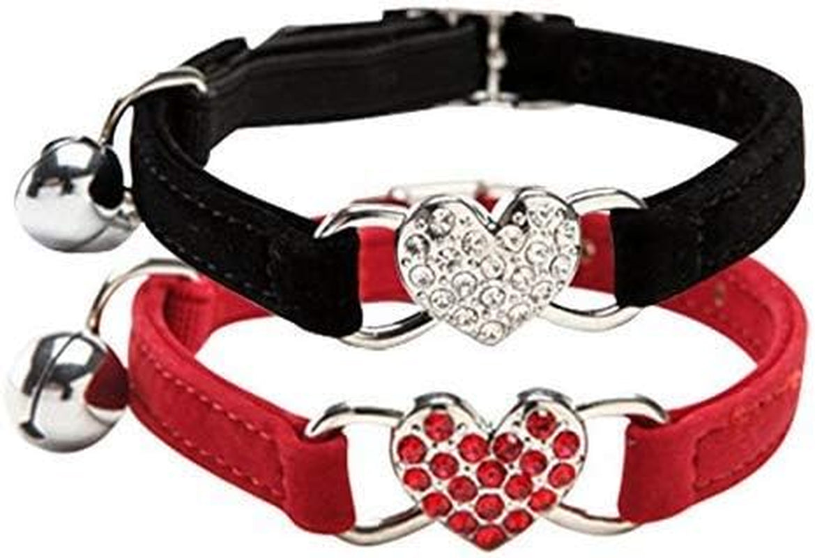 Soft Velvet Safe Cat Adjustable Collar with Crystal Heart Charm and Bells 8-11 Inches