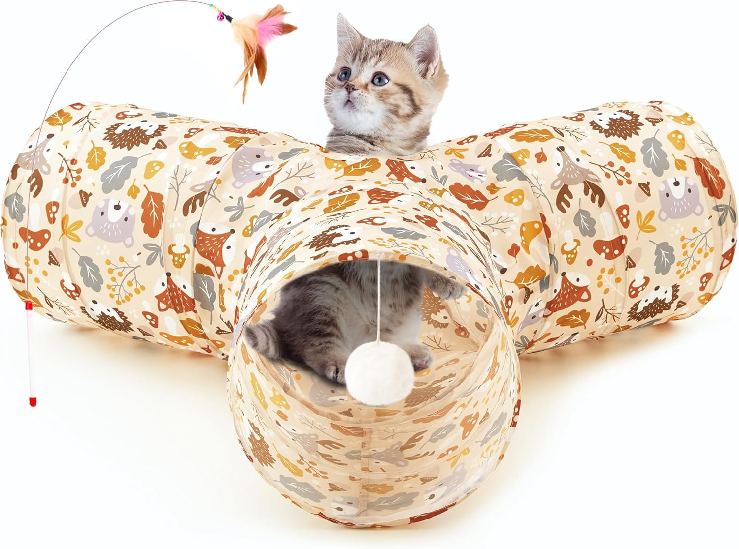 Pet Cat Tunnel Tube Toys 3 Way Collapsible, Tunnels for Indoor Cats, Kitty Bored Peek Hole Toy Ball