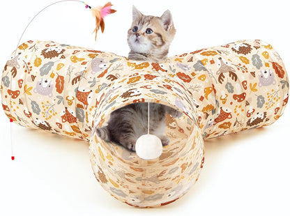 Pet Cat Tunnel Tube Toys 3 Way Collapsible, Tunnels for Indoor Cats, Kitty Bored Peek Hole Toy Ball