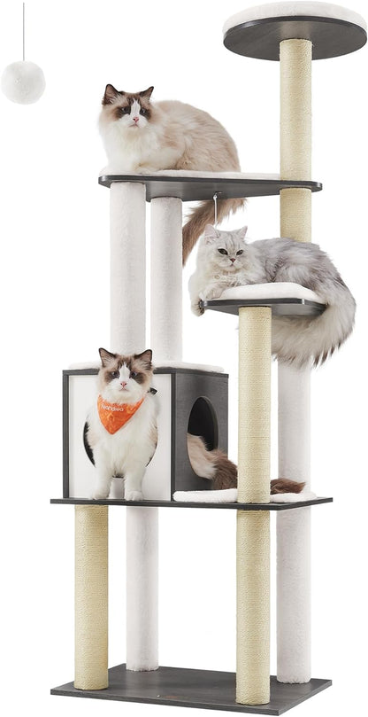 Woodywonders Cat Tree, 65-Inch Modern Cat Tower for Indoor Cats, Multi-Level Cat Condo with 5 Scratching Posts, Perch, Washable Removable Cushions, Cat Furniture