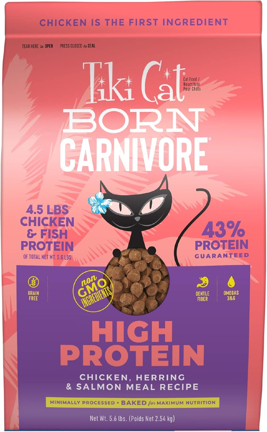 Tiki Cat Born Carnivore High Protein, Herring & Salmon Meal, Grain-Free Baked Kibble to Maximize Nutrients, Dry Cat Food