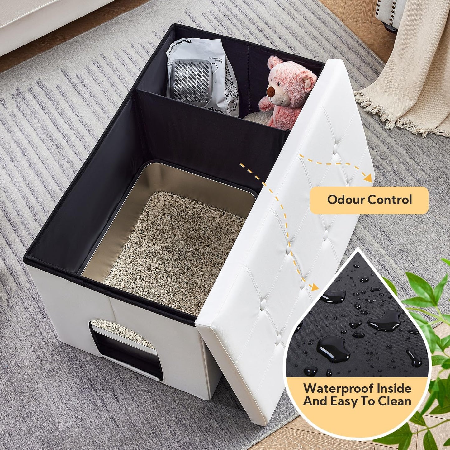 Cat Litter Box Enclosure Furniture Hidden, Cat Washroom Bench Storage Cabinet Waterproof Inside/Easy Clean | Easy Assembly | Odor Control