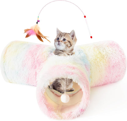 Pet Cat Tunnel Tube Toys 3 Way Collapsible, Tunnels for Indoor Cats, Kitty Bored Peek Hole Toy Ball