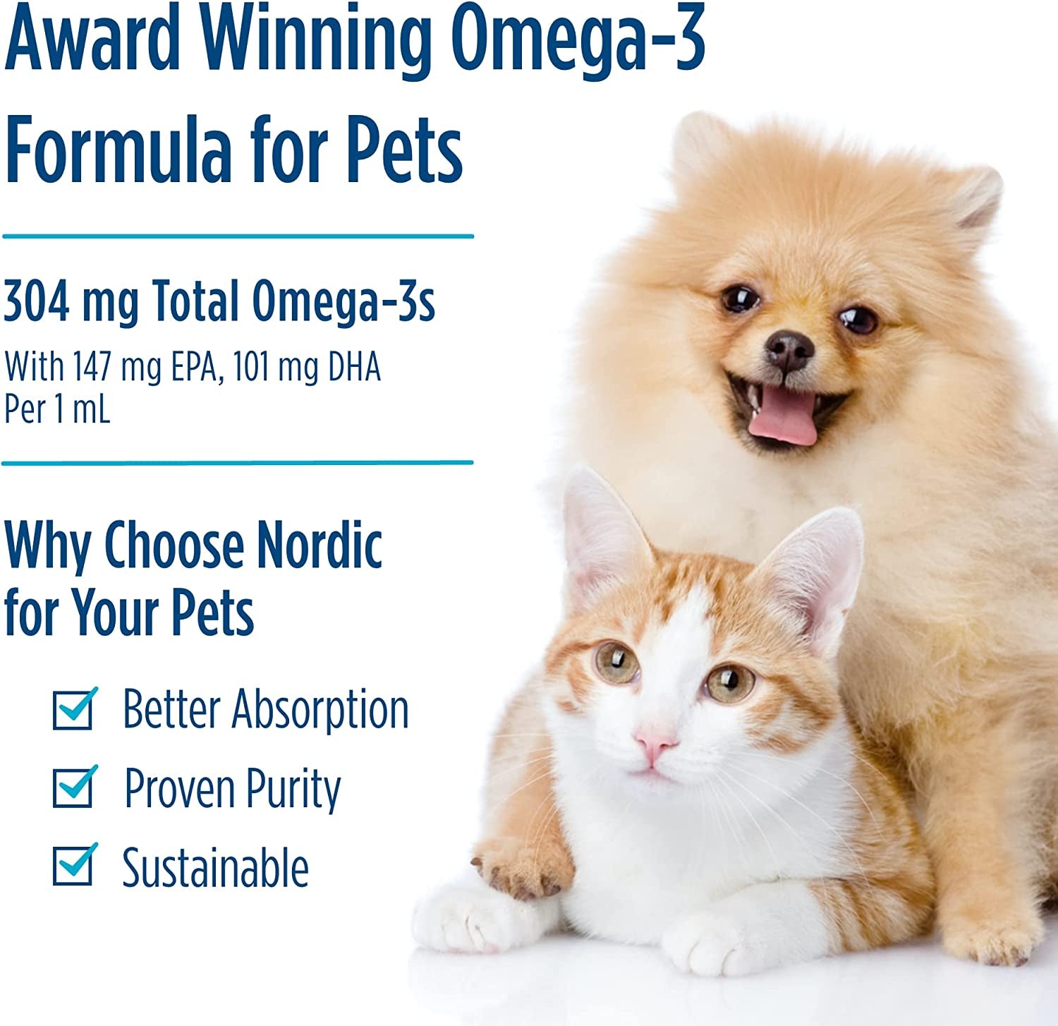 Omega-3 Pet, Unflavored - 2 Oz - 304 Mg Omega-3 per One Ml - Fish Oil for Small Dogs & Cats with EPA & DHA - Promotes Heart, Skin, Coat, & Immune Health