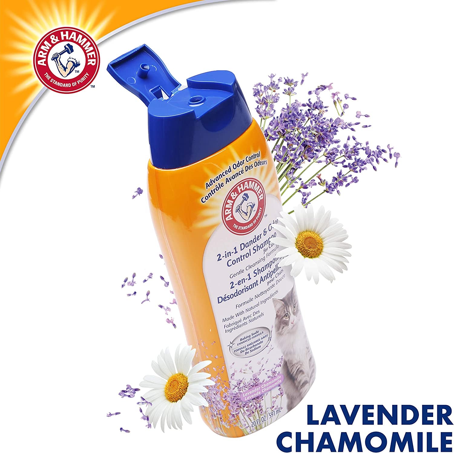 2-In-1 Deodorizing & Dander Reducing Shampoo for Cats, Dander Remover for Dander and Odors, Baking Soda Moisturizes and Deodorizes, Lavender Chamomile Scent, 20 Fl Oz (Pack of 1)