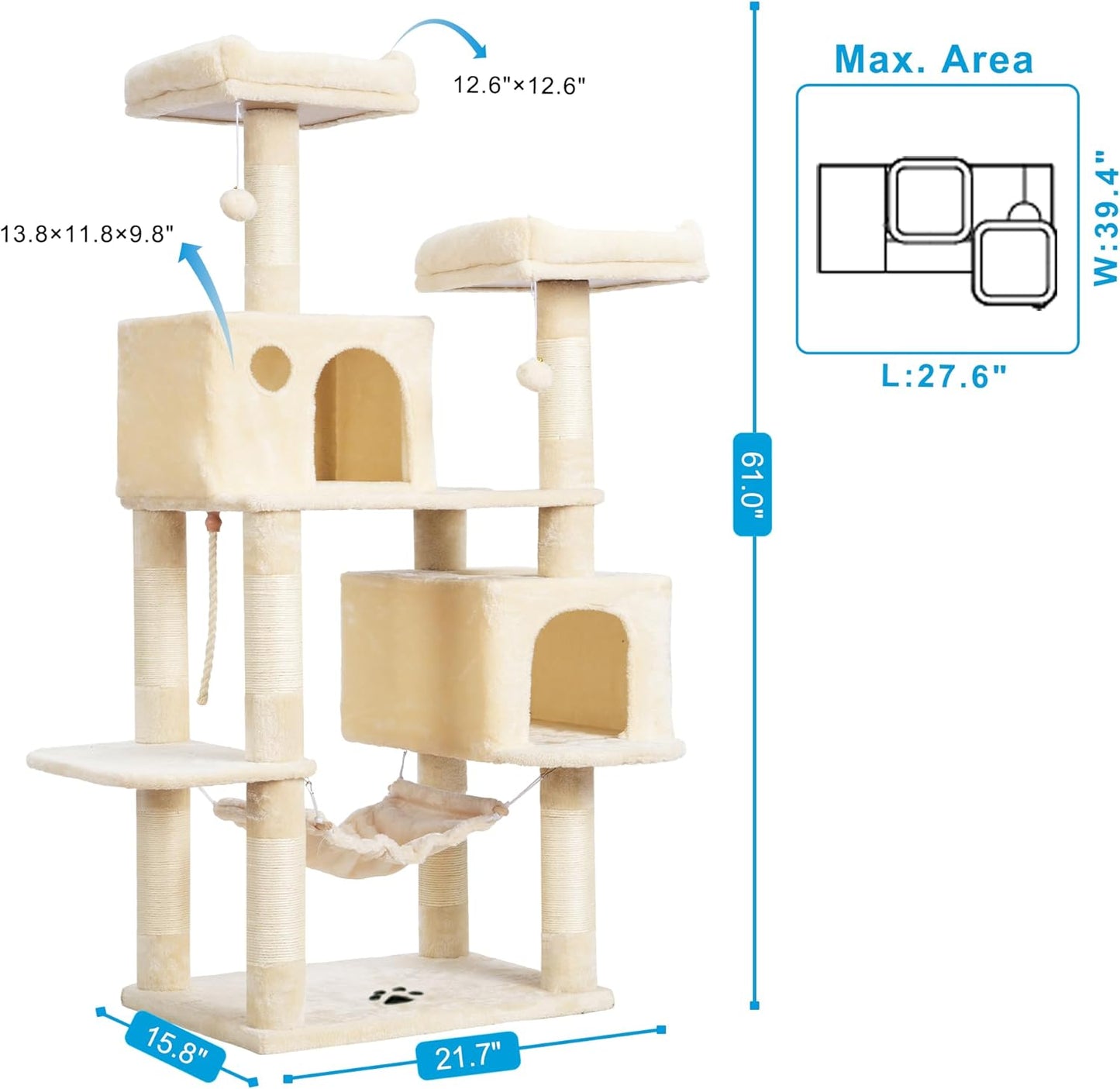 Large Multi-Level Cat Tree Condo Furniture with Sisal-Covered Scratching Posts, 2 Bigger Plush Condos, Perch Hammock for Kittens, Cats