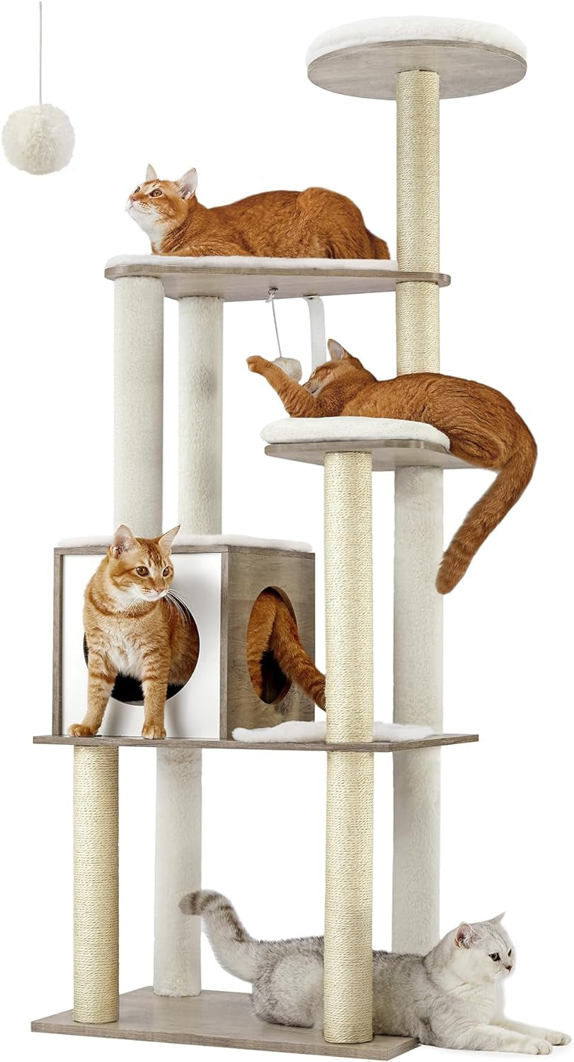 Woodywonders Cat Tree, 65-Inch Modern Cat Tower for Indoor Cats, Multi-Level Cat Condo with 5 Scratching Posts, Perch, Washable Removable Cushions, Cat Furniture