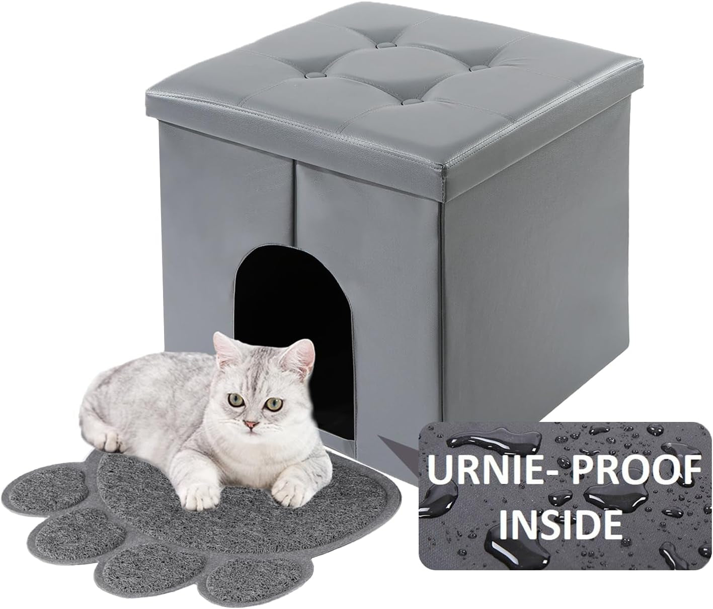 Cat Litter Box Enclosure Furniture Hidden, Cat Washroom Bench Storage Cabinet Waterproof Inside/Easy Clean | Easy Assembly | Odor Control