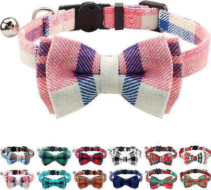 Upgraded Cat Collar with Bells, Breakaway Cat Collars with Bow Tie, 1 Pack Safety Plaid Kitten Collars