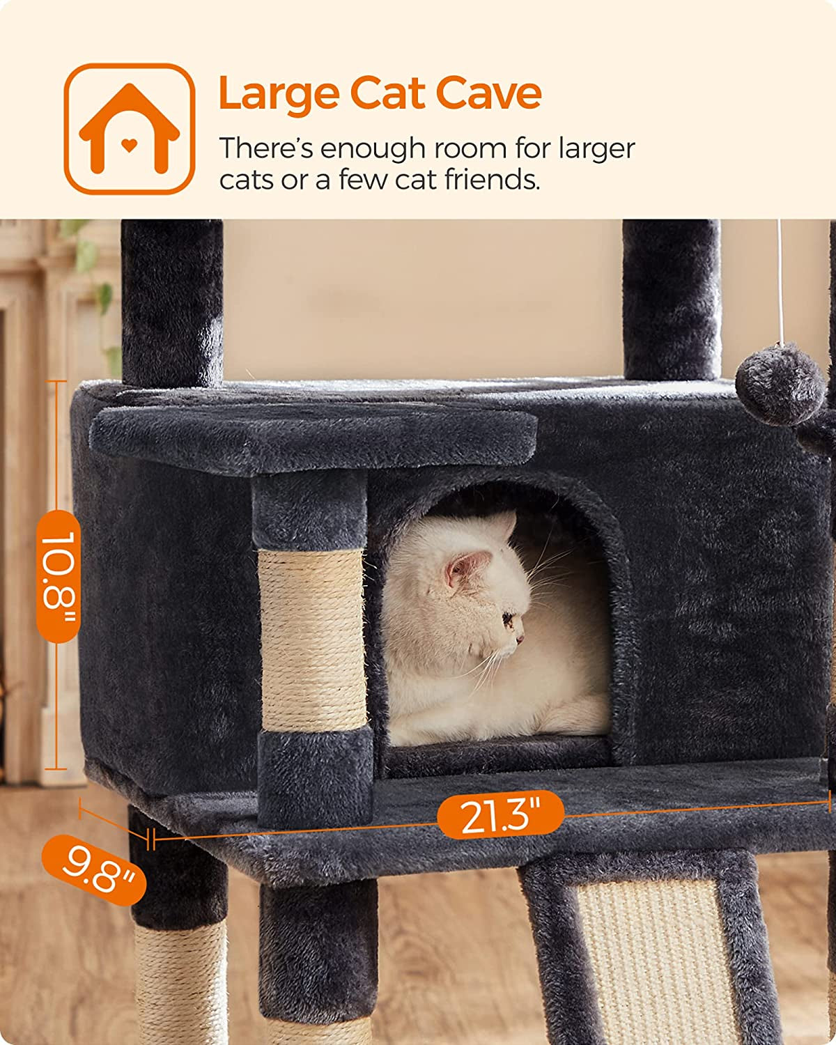 Cat Tree, Large Cat Tower, Cat Condo with Scratching Posts, Board, 2 Caves, 3 Plush Perches, Activity Center, 66.5 Inches