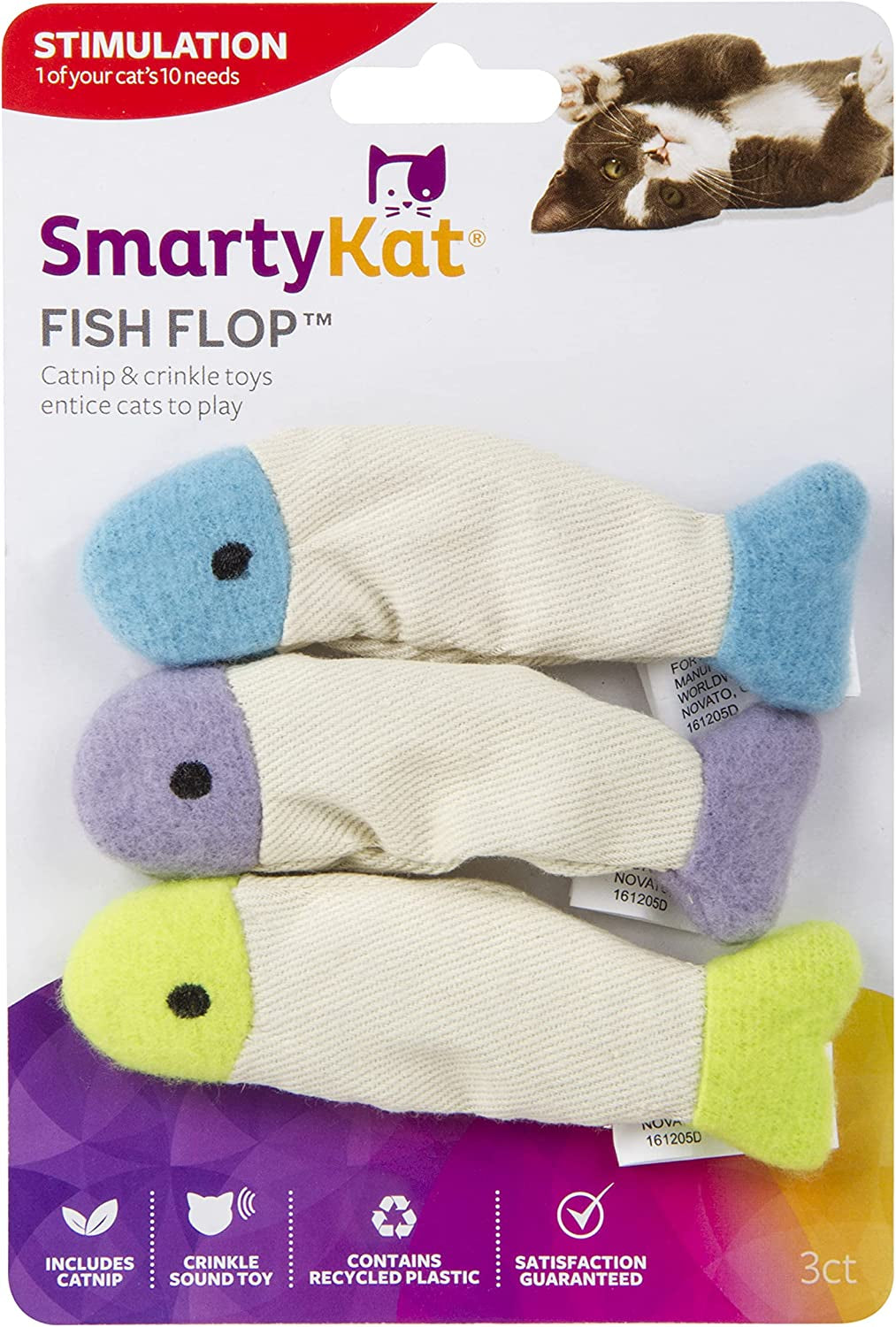 (3 Count) Fish Flop Crinkle Catnip Cat Toys - Multi Color, 3 Count