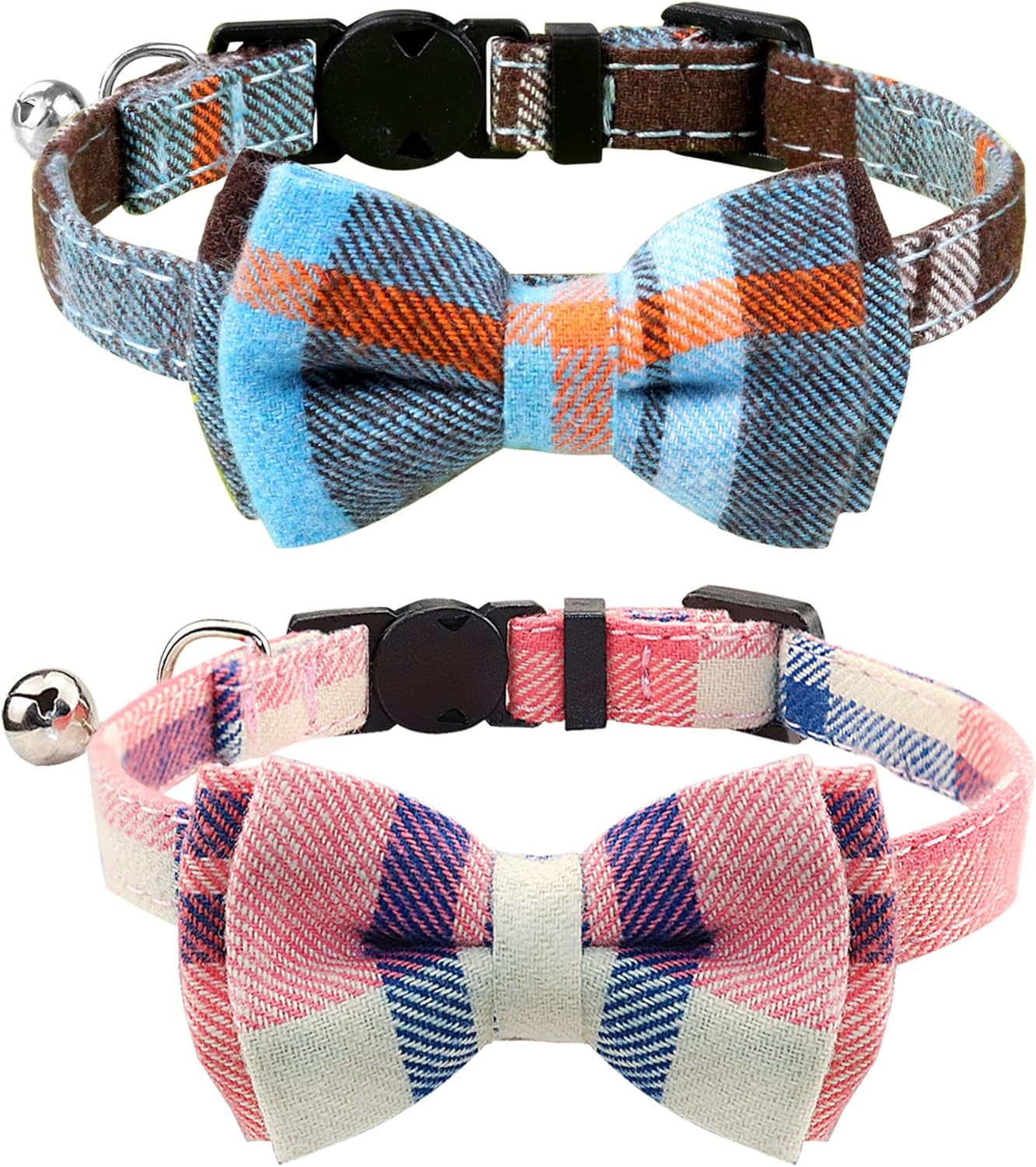 Upgraded Cat Collar with Bells, Breakaway Cat Collars with Bow Tie, 1 Pack Safety Plaid Kitten Collars