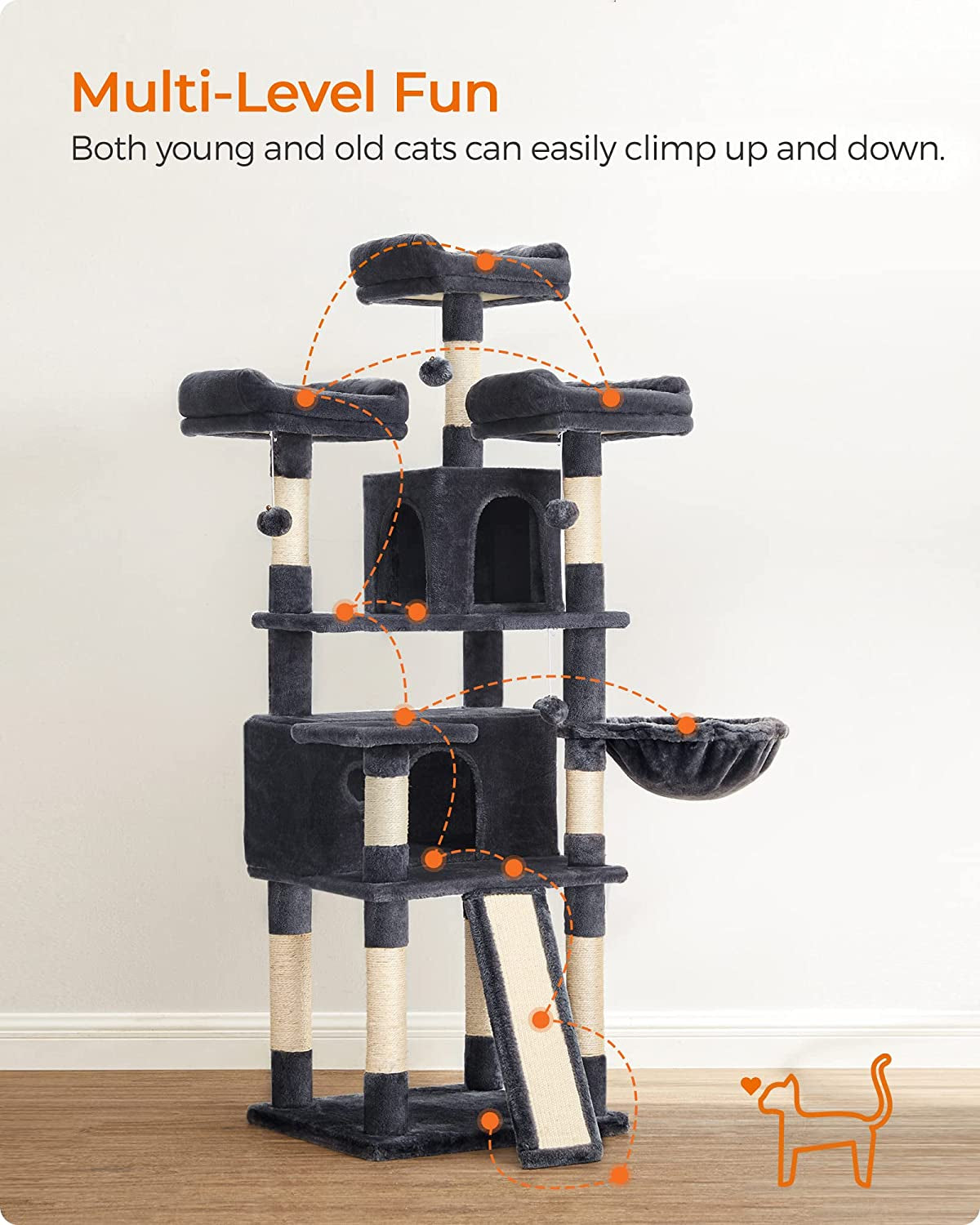 Cat Tree, Large Cat Tower, Cat Condo with Scratching Posts, Board, 2 Caves, 3 Plush Perches, Activity Center, 66.5 Inches