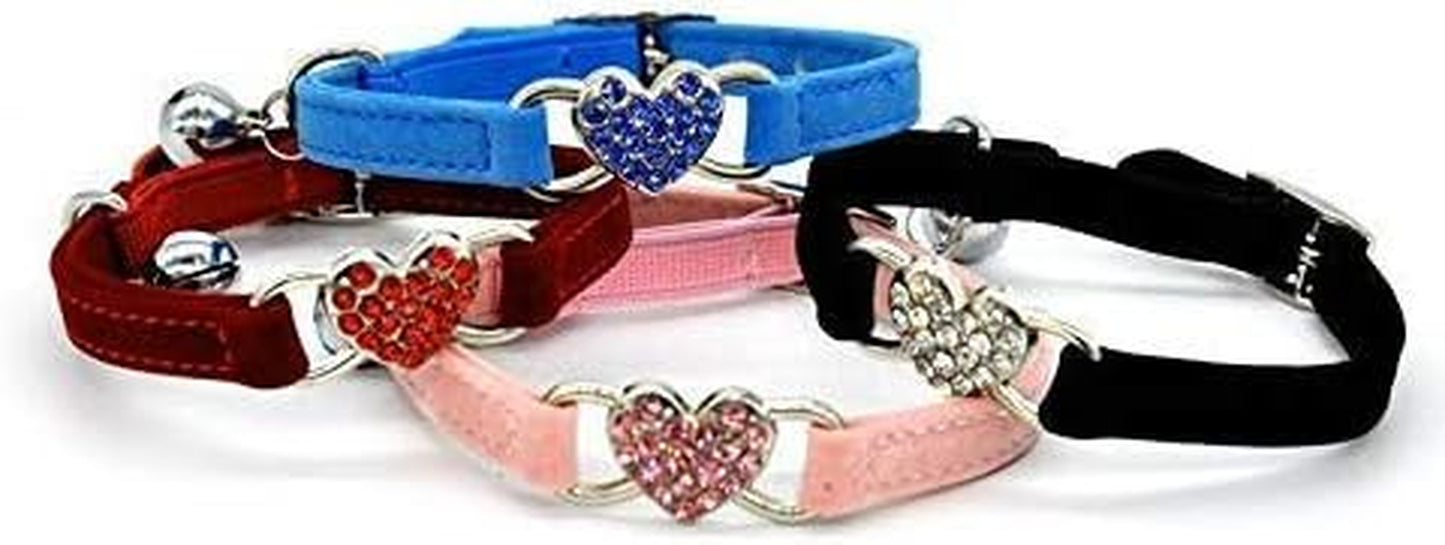 Soft Velvet Safe Cat Adjustable Collar with Crystal Heart Charm and Bells 8-11 Inches