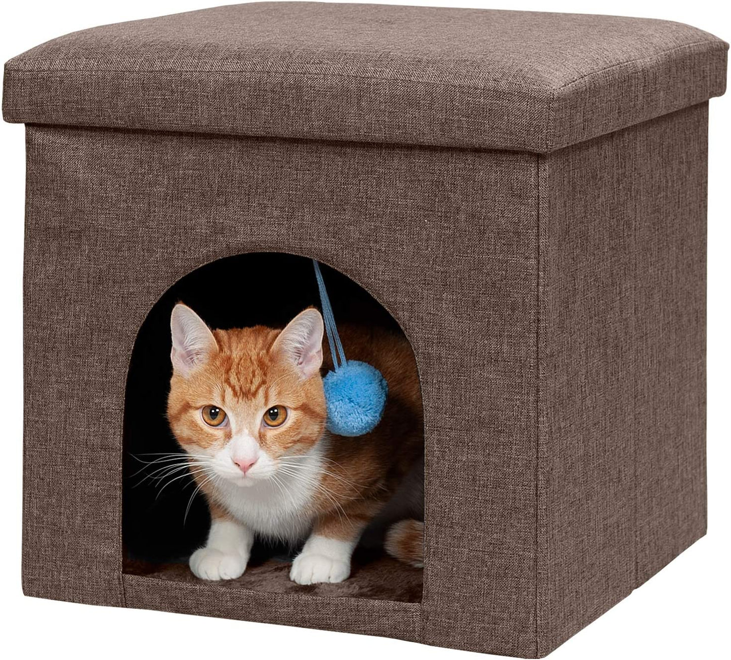 Pet House for Indoor Cats, Collapsible & Foldable W/ Plush Ball Toy - Living Room Footstool Cat Condo - Coconut Brown, Small