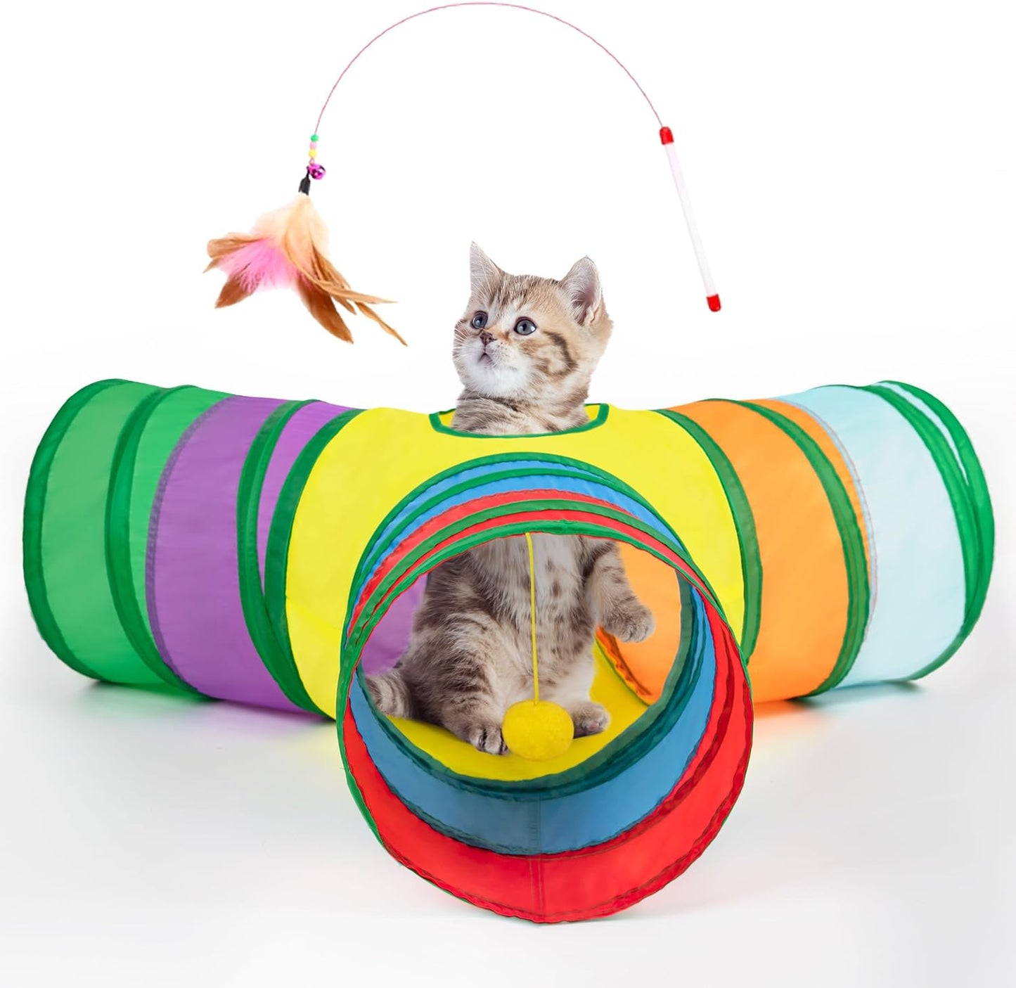 Pet Cat Tunnel Tube Toys 3 Way Collapsible, Tunnels for Indoor Cats, Kitty Bored Peek Hole Toy Ball