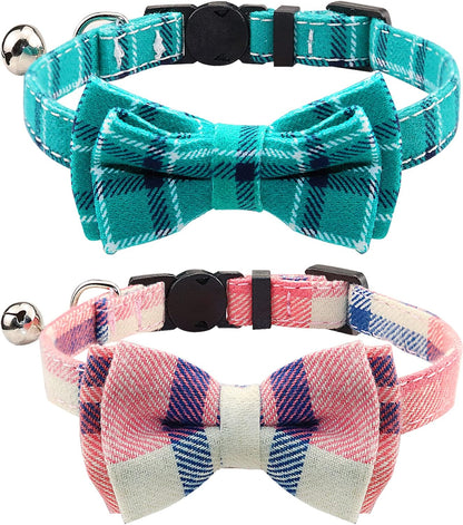 Upgraded Cat Collar with Bells, Breakaway Cat Collars with Bow Tie, 1 Pack Safety Plaid Kitten Collars