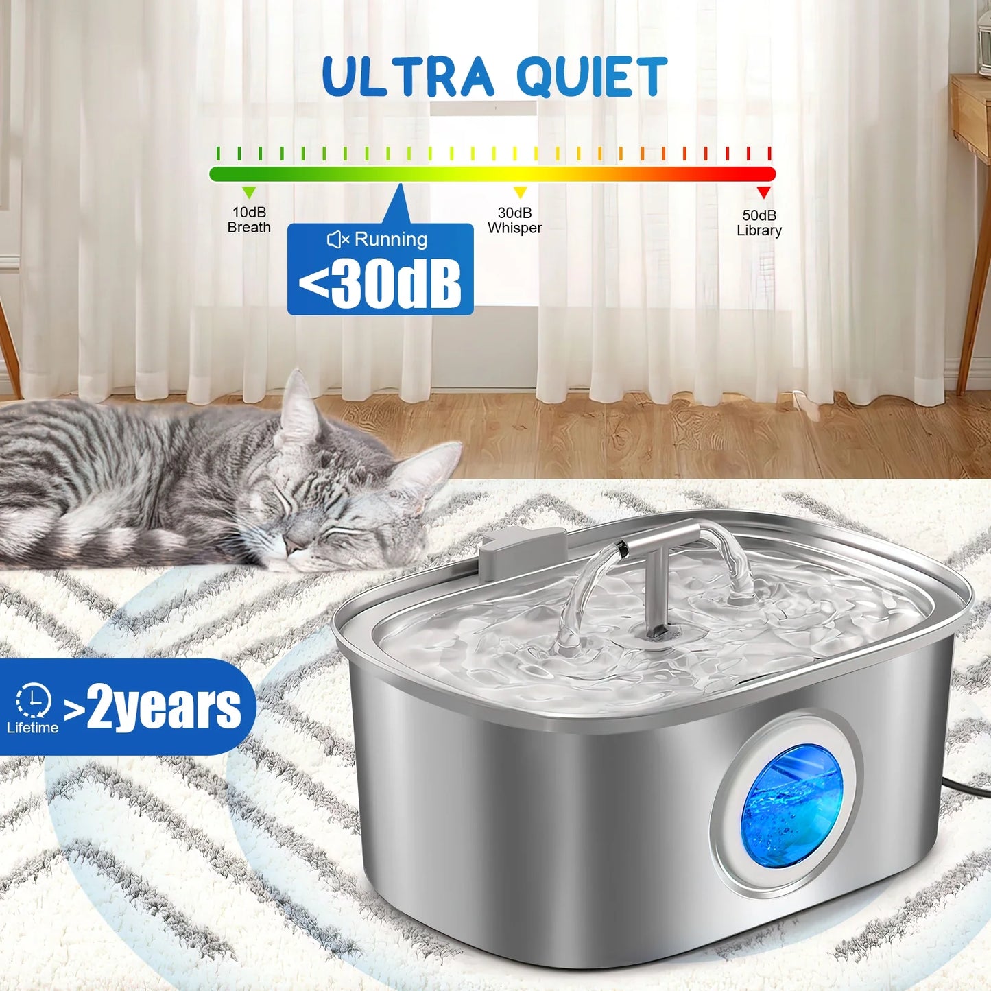 Cat Water Fountain Stainless Steel, 108Oz/3.2L Pet Fountain with Water Level Window