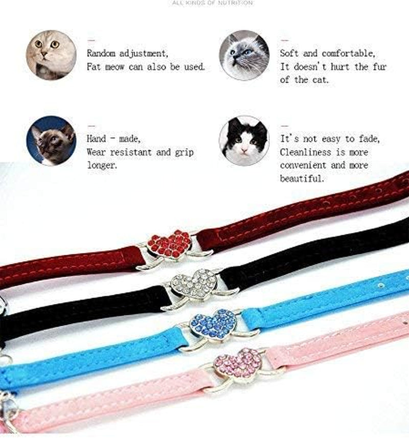 Soft Velvet Safe Cat Adjustable Collar with Crystal Heart Charm and Bells 8-11 Inches