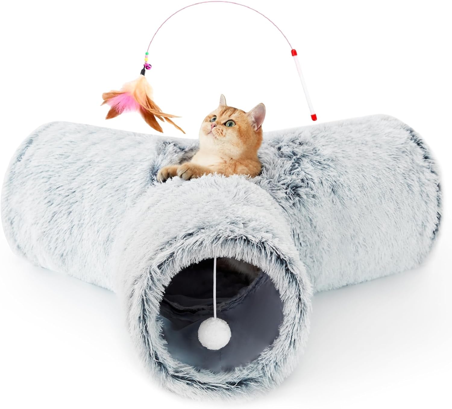 Pet Cat Tunnel Tube Toys 3 Way Collapsible, Tunnels for Indoor Cats, Kitty Bored Peek Hole Toy Ball