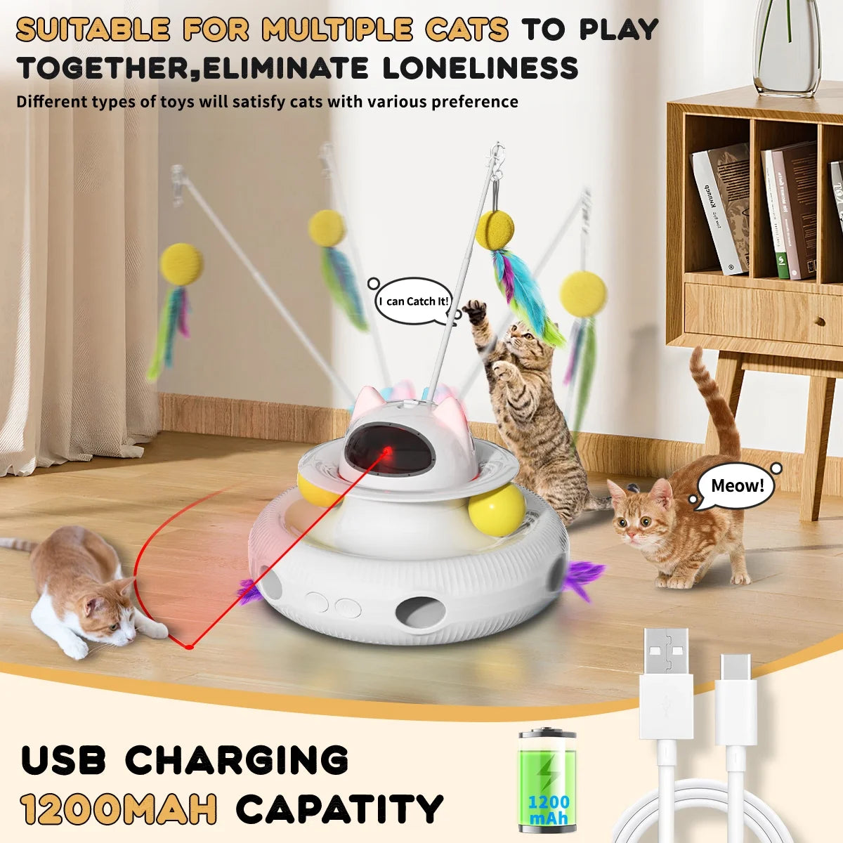 4 in 1 Interactive Cat Toys for Indoor Cats,Cat Laser Toys with 360°Rotation, Interactive Exercise Play Kitten Toy, Automatic Cat Wand Toys, Track Balls,Indoor Exercise Cat Kicker with USB Rechargeable