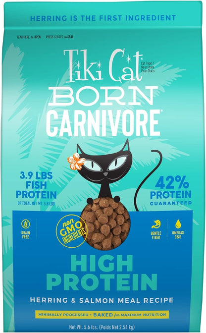 Tiki Cat Born Carnivore High Protein, Herring & Salmon Meal, Grain-Free Baked Kibble to Maximize Nutrients, Dry Cat Food